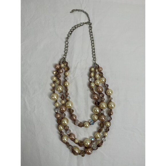 Triple Strand Faux Pearl, Crystal Bead & Ribbon Necklace - Ivory/Pink - Picture 8 of 12